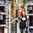 Futuristic woman with red hair in black outfit in high-tech server room