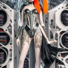 Futuristic female android with red and orange hair in metallic corset among advanced machinery.