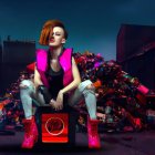 Red-haired woman in cyberpunk attire on throne chair with neon cityscape backdrop holding stylized mask