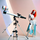 Red-haired woman in futuristic white outfit by large white telescope