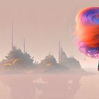 Colorful Stylized Female Profile in Futuristic Cityscape Artwork