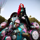 Vibrant red-haired person in gothic attire riding steampunk creature