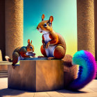 Animated adult and juvenile squirrels on stone platform with colorful tail, surrounded by classical pillars under blue sky