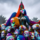 Colorful digital art: Pyramid of female faces with elaborate makeup and flowing hair against cloudy sky