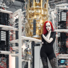 Red-haired female android in futuristic high-tech room