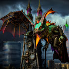 Menacing dragon on Gothic structure in stormy cityscape