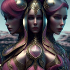 Digital artwork: Woman with red hair, blue eyes in gold armor with regal headdress and mirrored