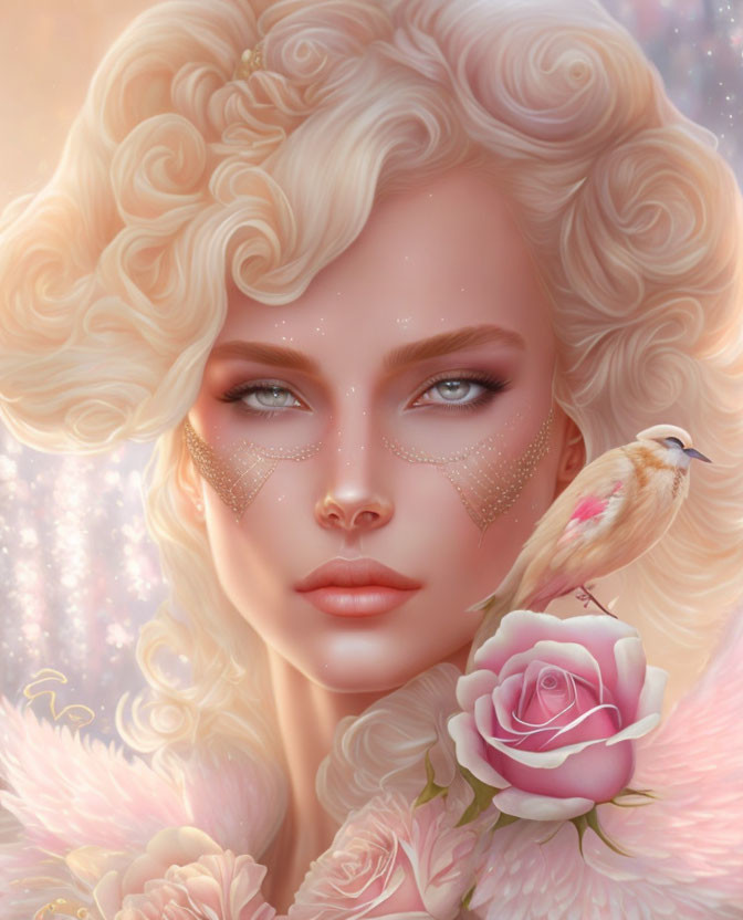 Illustrated portrait of woman with blonde hair, bird, roses, and sparkles