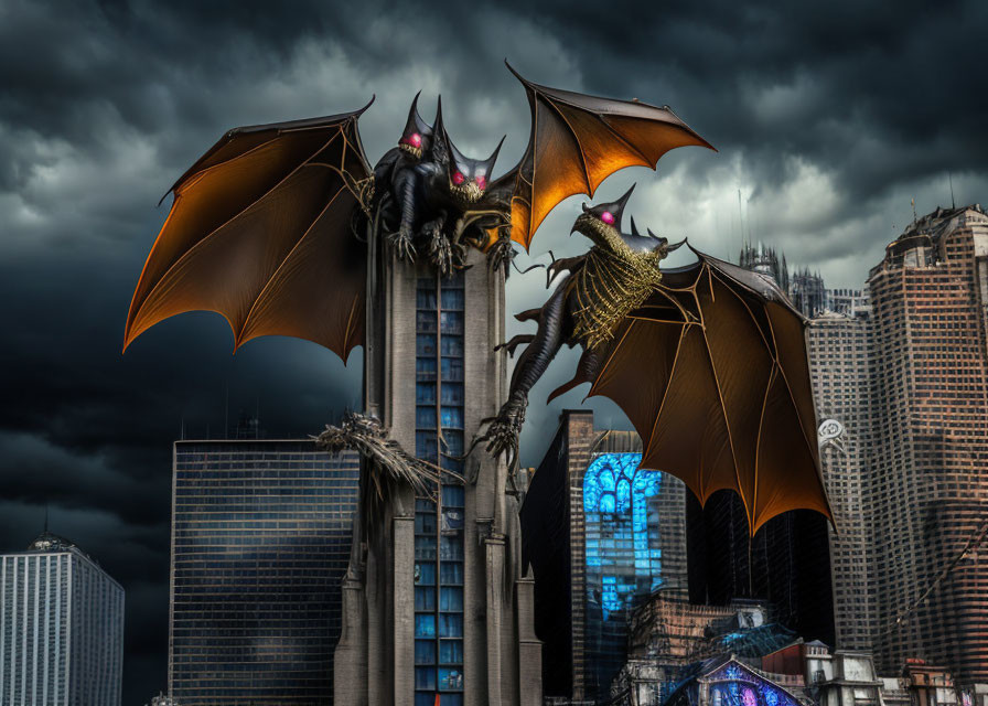 Menacing dragons on urban skyscrapers under stormy sky