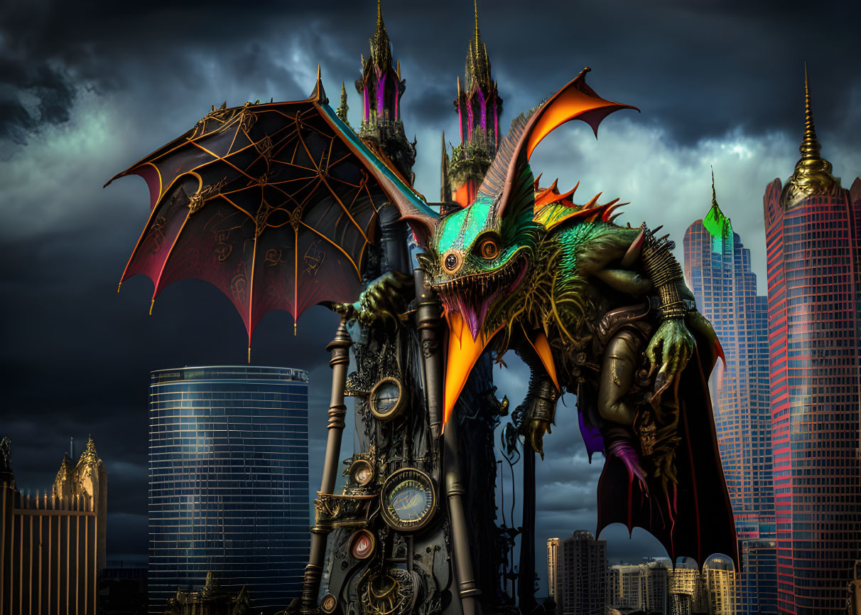 Iridescent dragon on clockwork structure under dark clouds