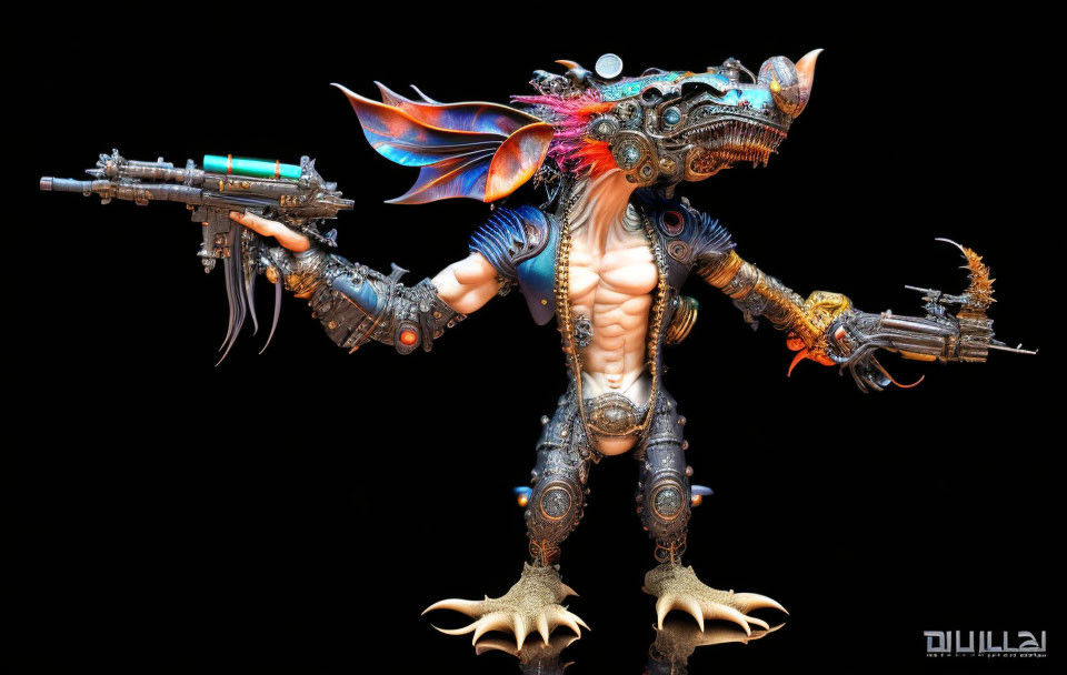 Detailed Fantasy Dragon-Humanoid Figure with Cybernetic Enhancements and Futuristic Weapons on Black Background