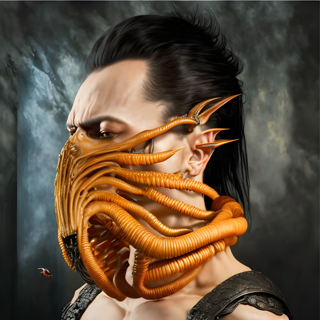 Dark Mohawk Person in Sci-Fi Mask with Orange Tentacles