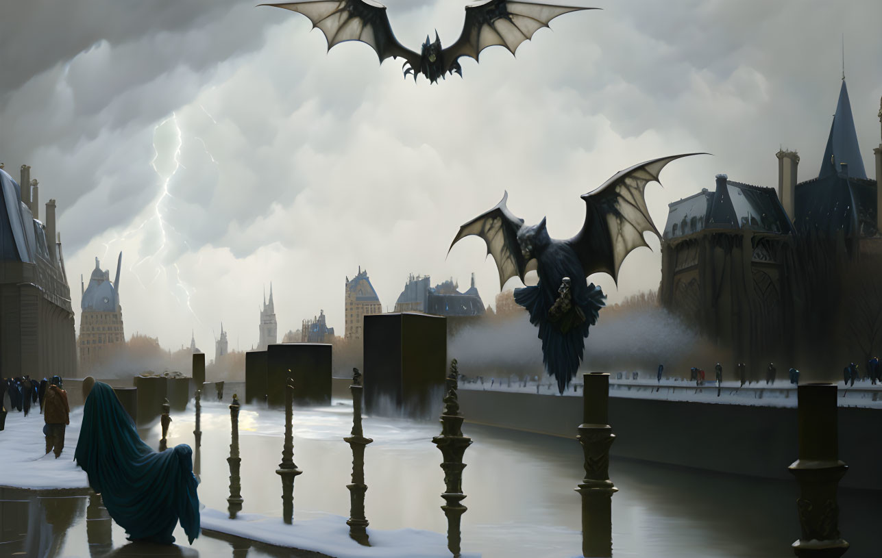 Flooded cityscape with cloaked figures and dragons in stormy sky