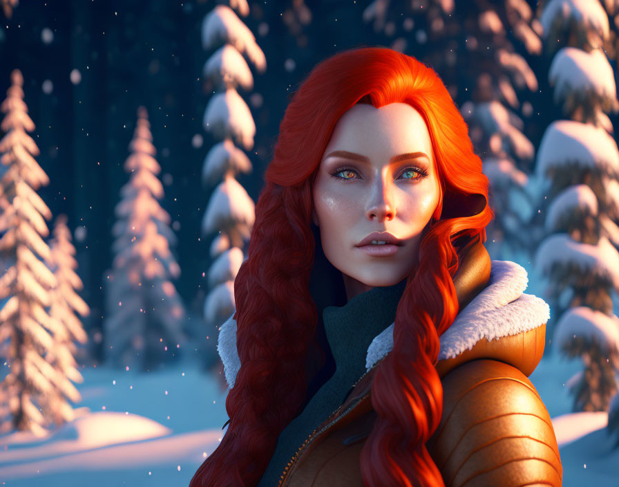 Red-haired woman in winter jacket amid snowy forest at dusk