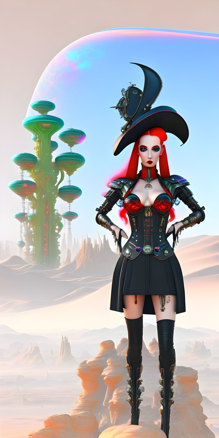 Futuristic pirate-themed female character on rocky terrain with alien-like structures