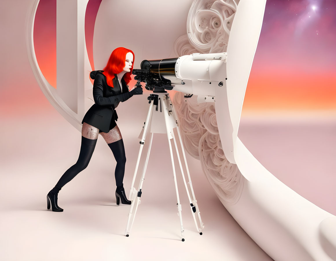 Red-haired woman gazes through telescope in surreal cosmic setting