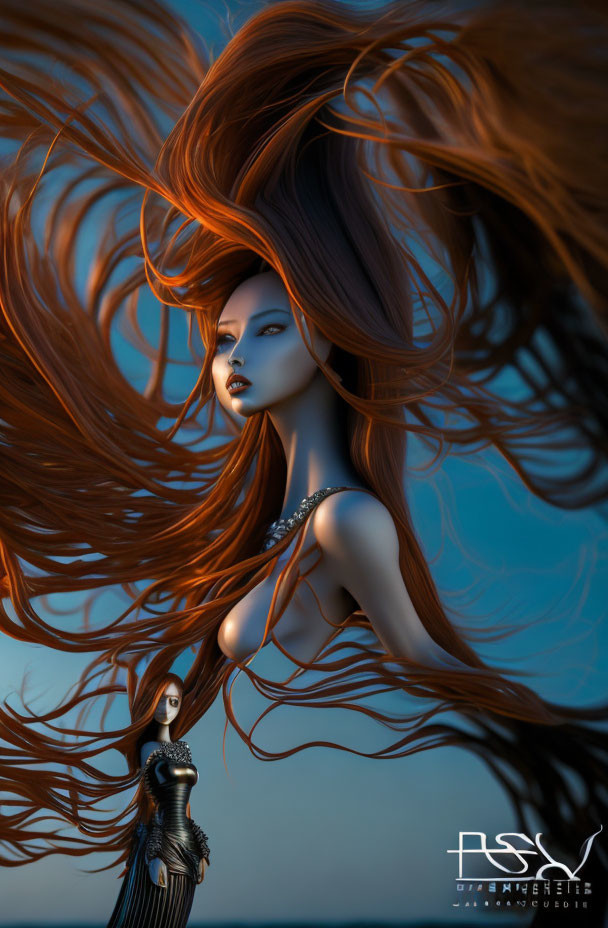 Digital artwork featuring female figure with red hair against blue background