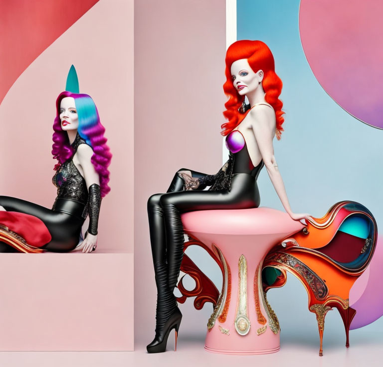 Colorful Women with Stylized Hair on High-Heeled Shoe Chairs