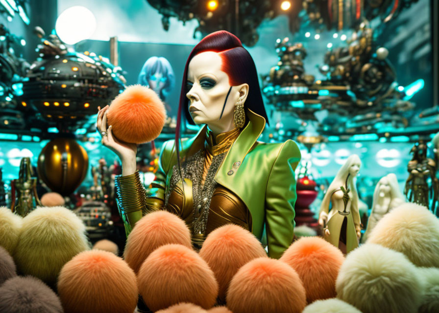 Futuristic fashion display with bold makeup, edgy hairstyle, and fluffy ball among mannequ