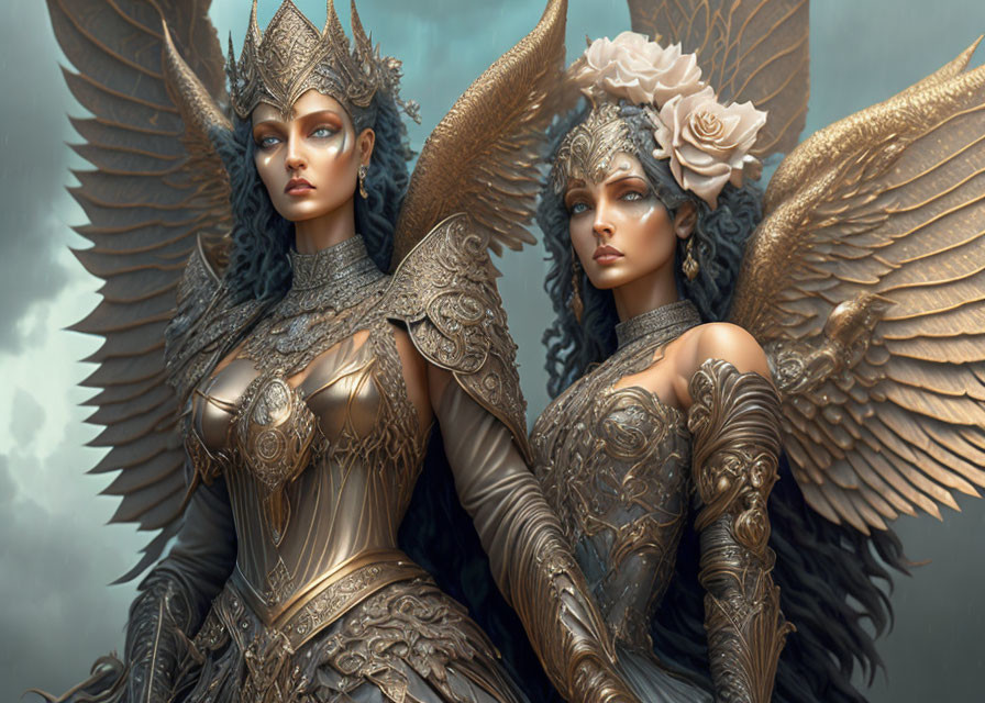 Fantasy-style female figures in ornate armor and winged helmets against cloudy backdrop