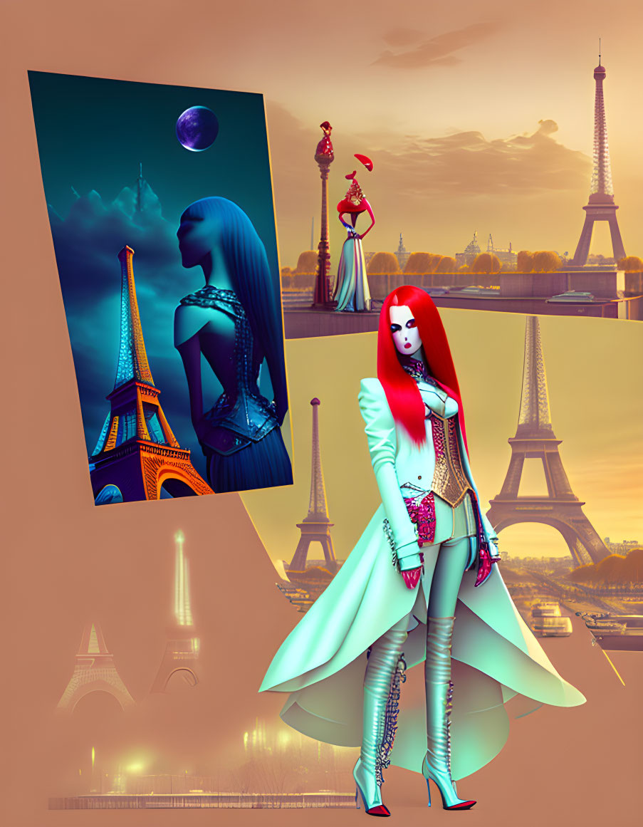 Futuristic woman in colorful outfit with Eiffel Tower backdrop and surreal sky.