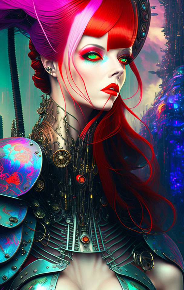 Futuristic warrior woman with red hair and glowing green eyes in blue armor against neon cityscape