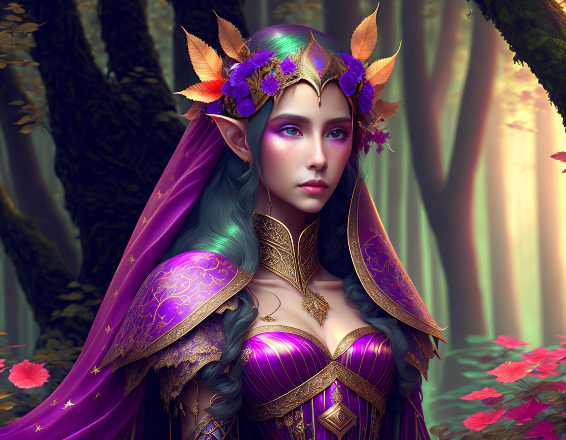 Purple-Haired Elf in Golden Leaf Crown and Cloak in Mystical Forest