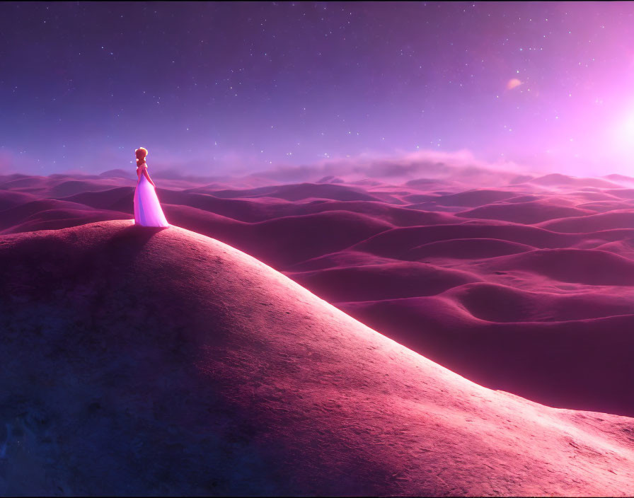 Figure in pink dress gazes at vast, starry landscape