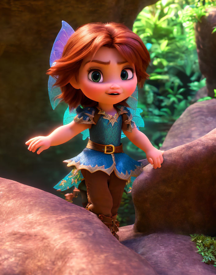 3D animated fairy in blue outfit on rock in forest setting