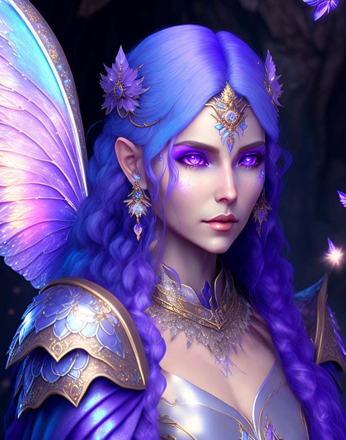 Fantasy illustration of female character with violet skin, blue hair, butterfly wings, and golden armor.