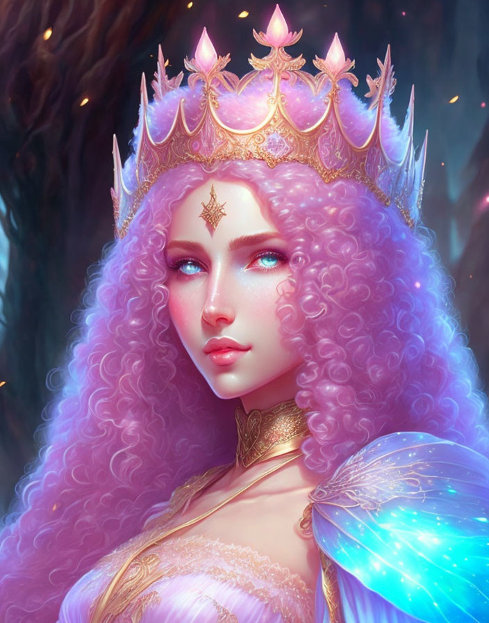 Regal woman with violet hair and golden crown in misty woodland.