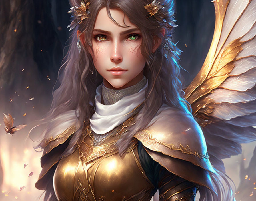 Female illustration with golden armor, green eyes, wings, leaves in hair, surrounded by embers and