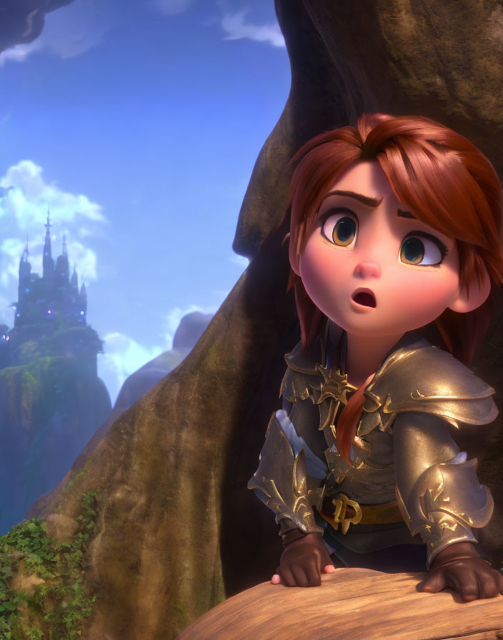 Red-haired female character in armor gazes at distant castle on craggy peak.