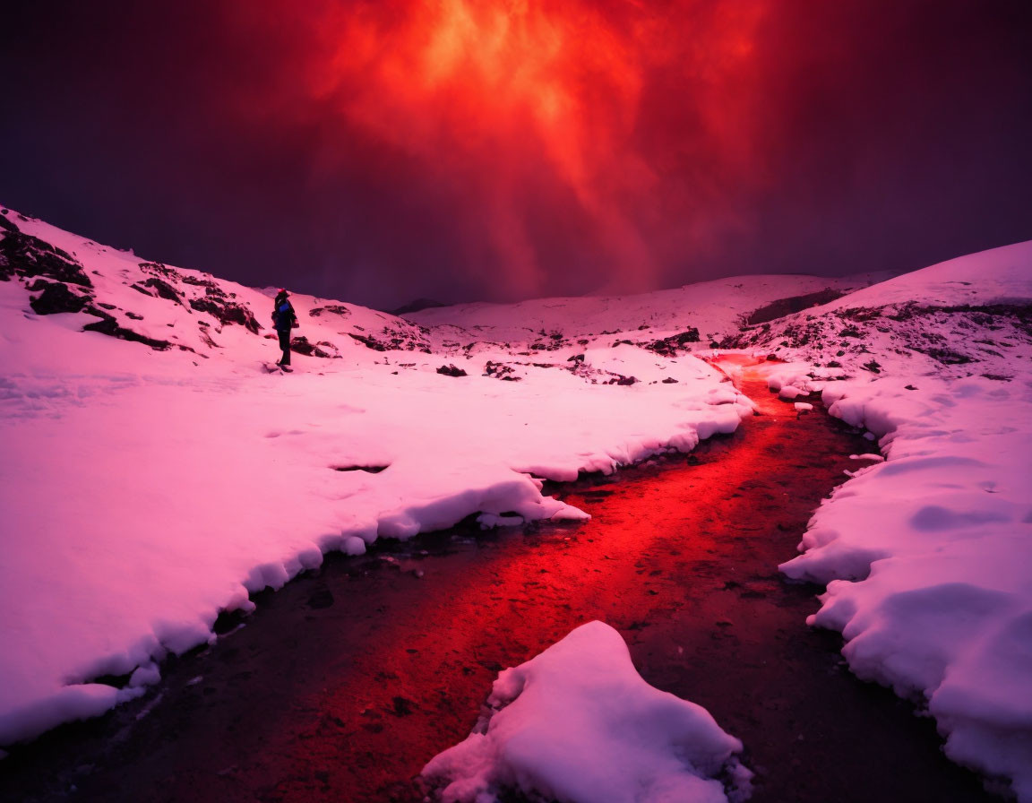 Person walking in snowy landscape under fiery red sky reflected in stream