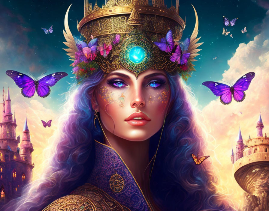 Fantasy illustration of regal woman with blue hair and golden crown, surrounded by butterflies and castle.