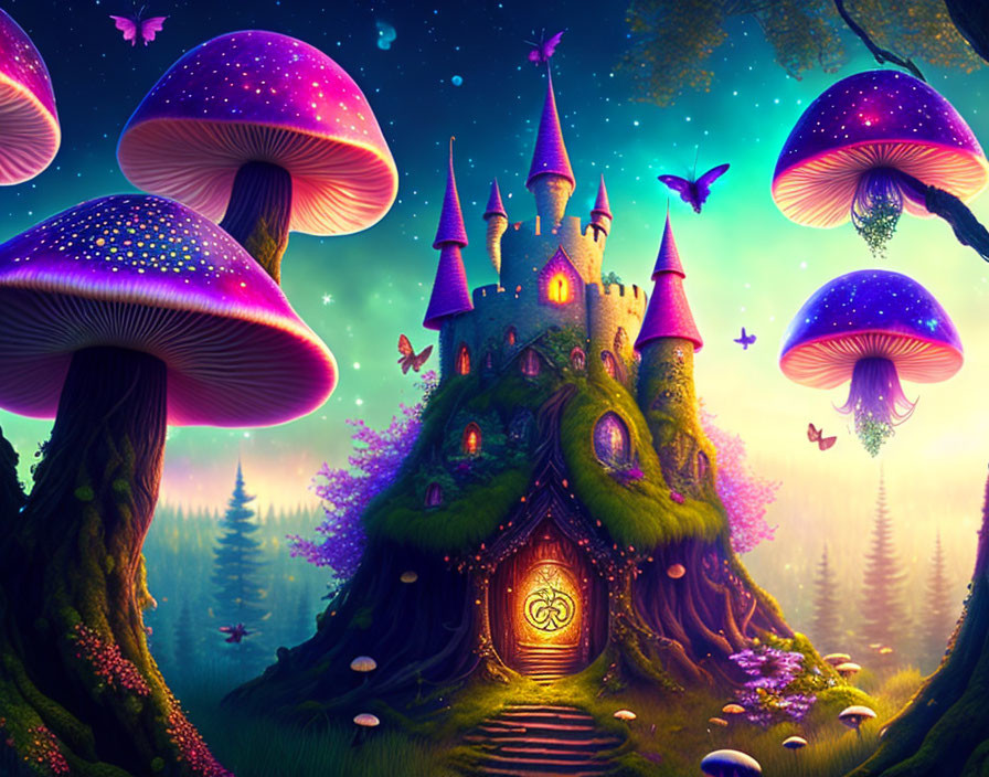 Fantastical glowing castle in tree with luminescent mushrooms and butterflies