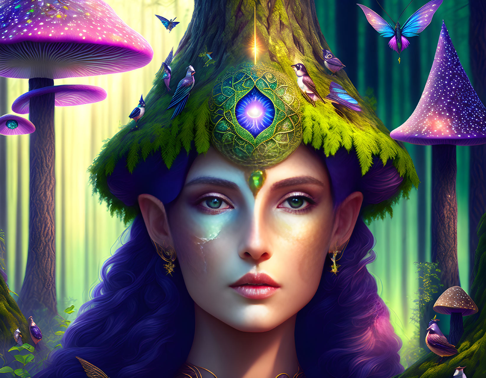 Enchanting forest scene with glowing mushrooms and magical creatures