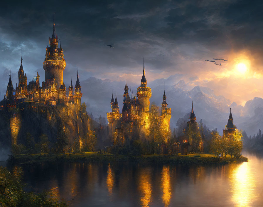 Majestic castle by lake with glowing towers, mountains, sunset, and eagle