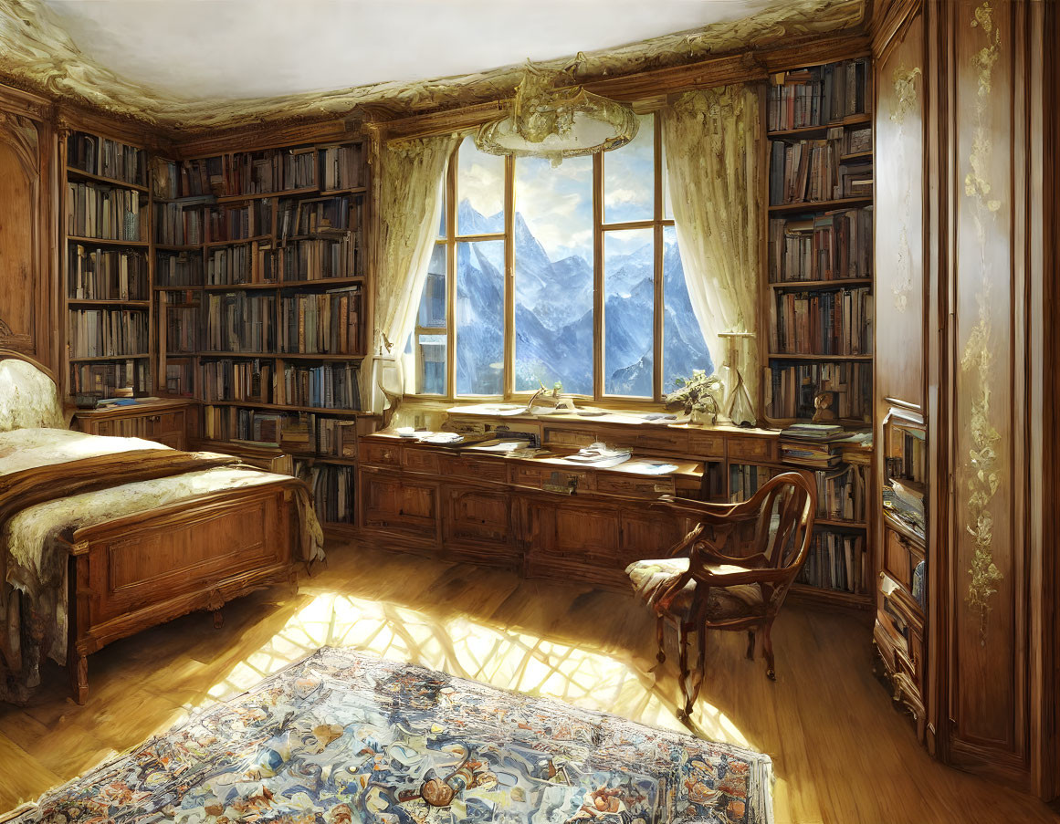 Traditional Study Room with Mountain View and Bookshelves