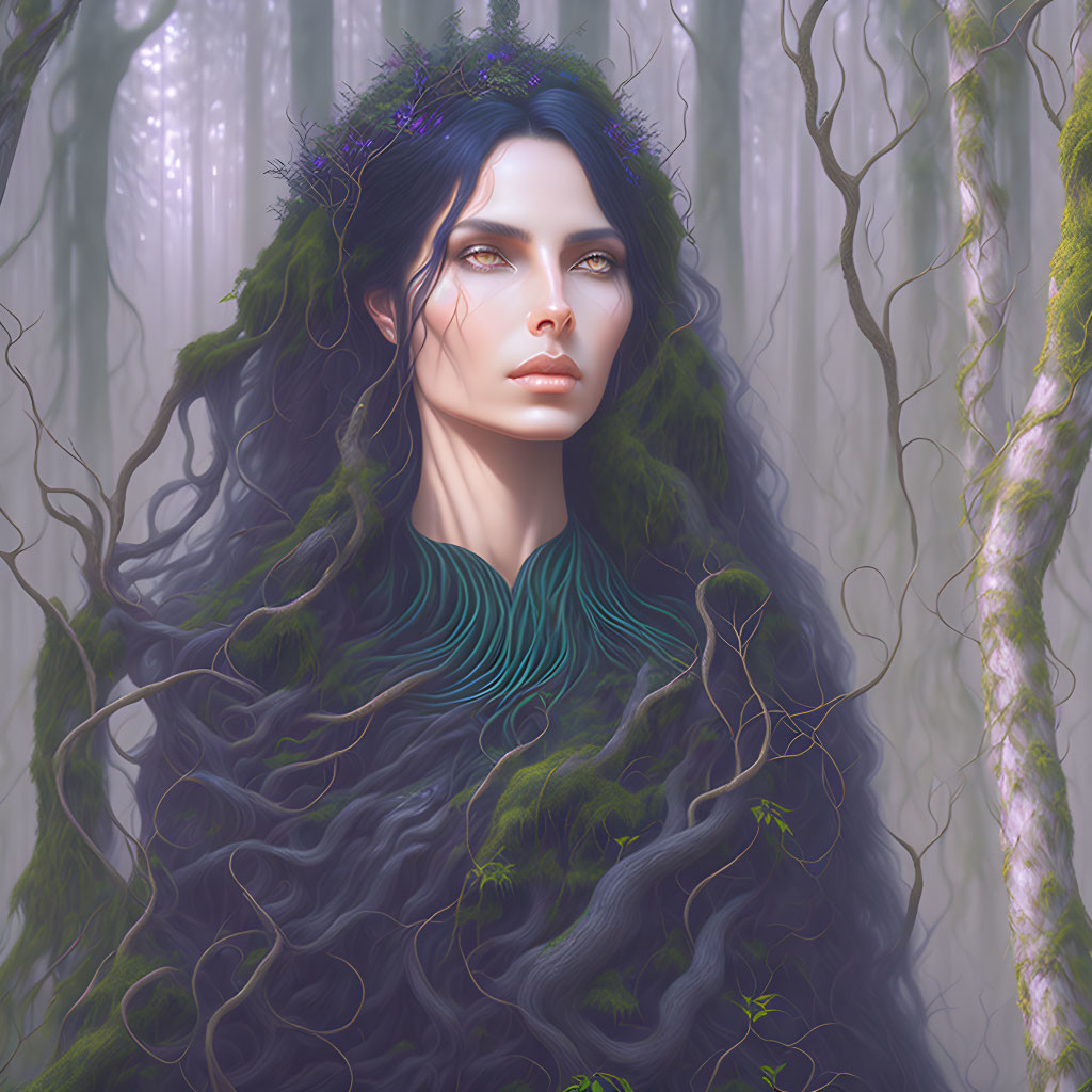 Enigmatic woman with dark hair in mystical forest