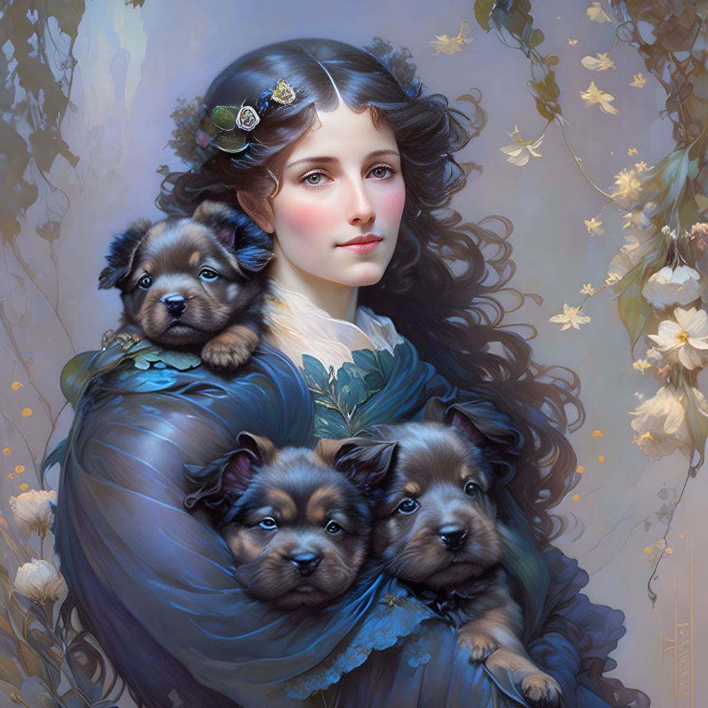 Serene woman with floral hairpiece cuddles fluffy puppies in yellow blossom setting