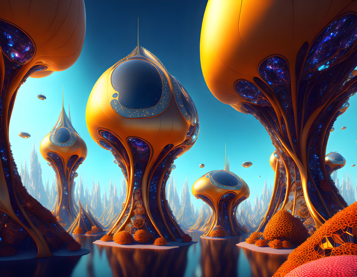 Futuristic orange tree-like structures in alien landscape