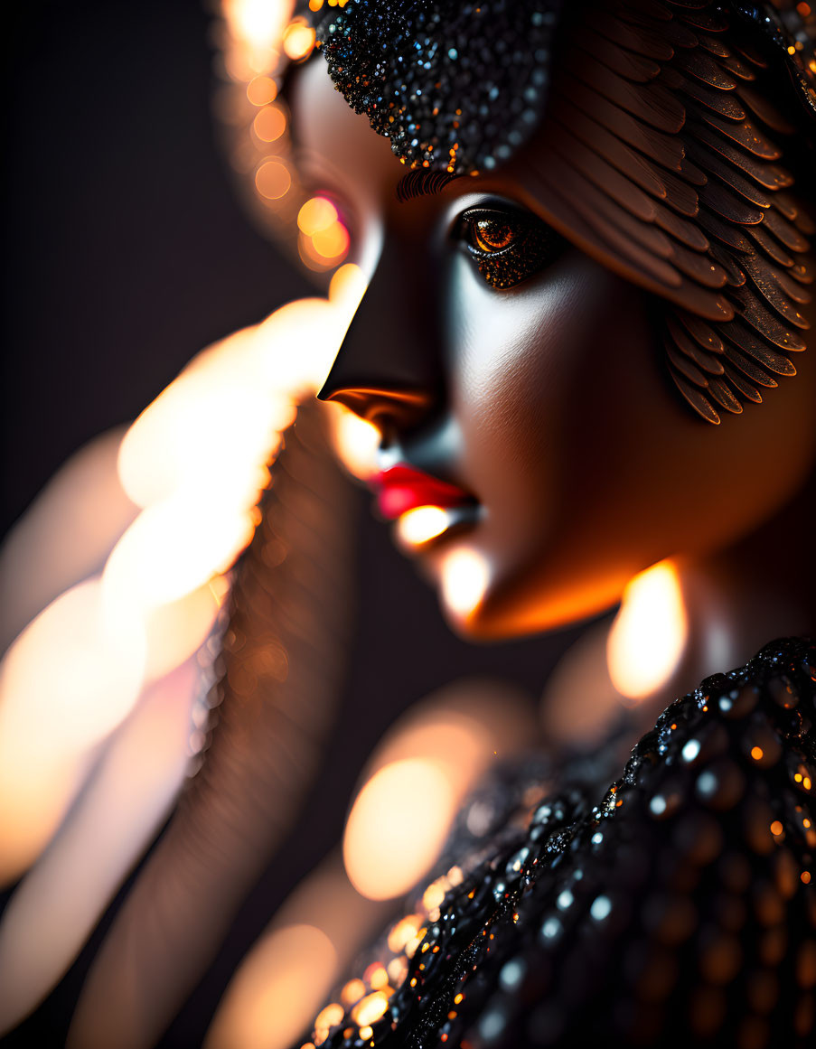 Person with dramatic makeup and embellished costume under warm bokeh lighting