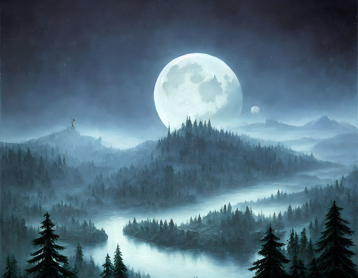 Serene night landscape with large moon, river, forest, mountains, starry sky