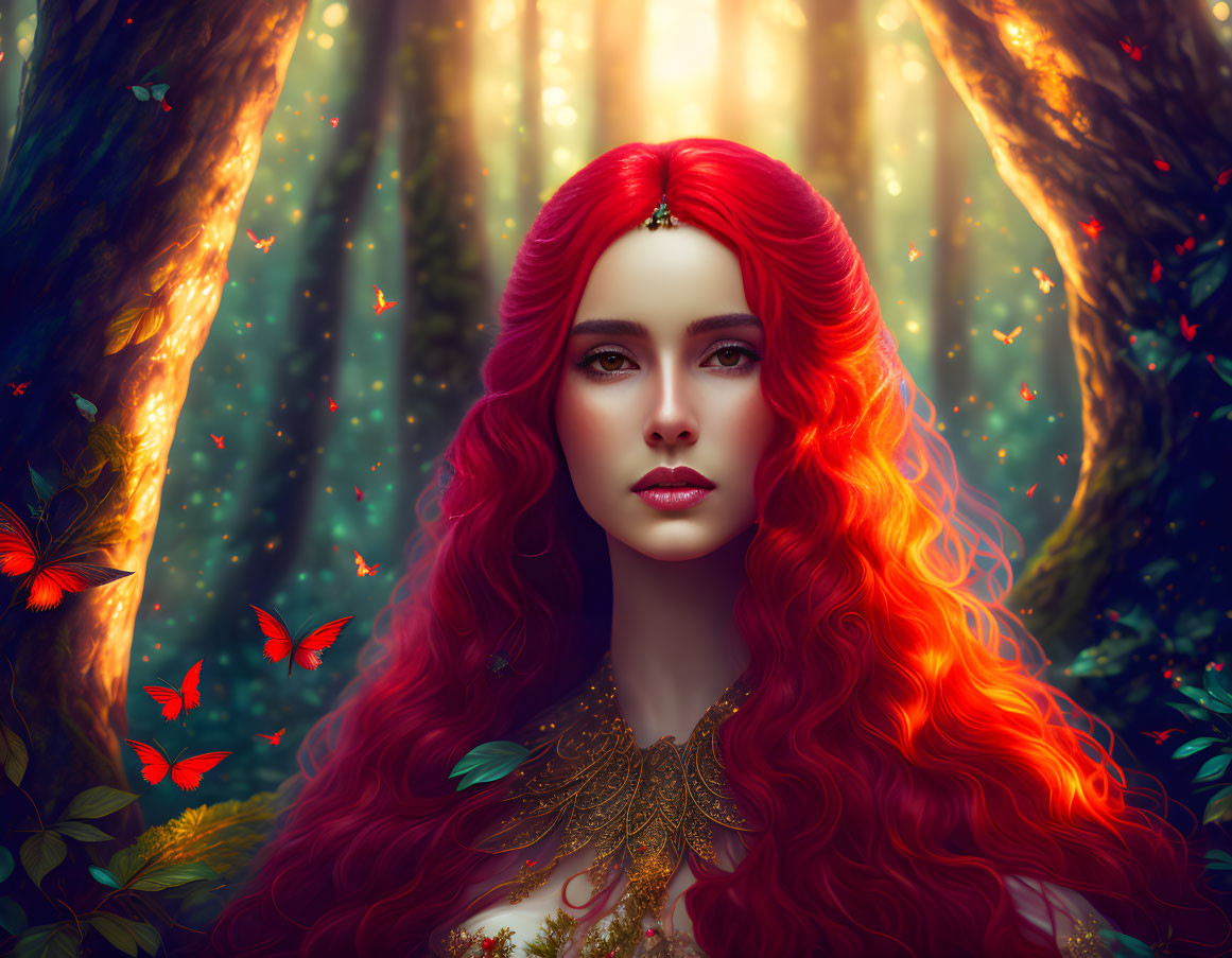 Enchanted forest scene with woman, red hair, golden crown, butterflies, and sunlight