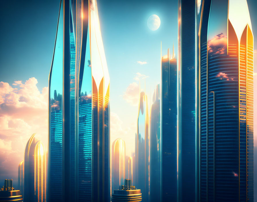 Futuristic cityscape with towering skyscrapers and glowing sunset.