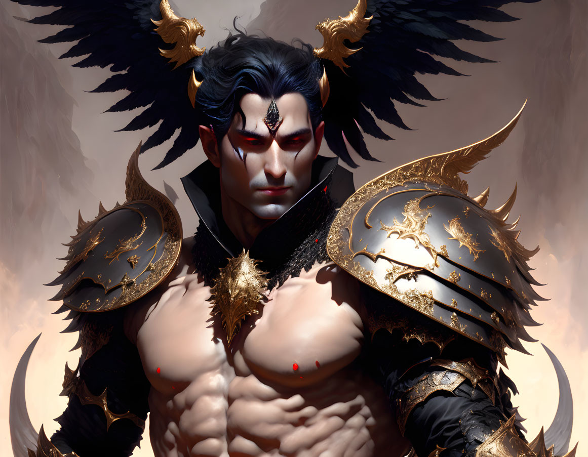 Muscular fantasy character with black wings and golden armor, featuring red markings.