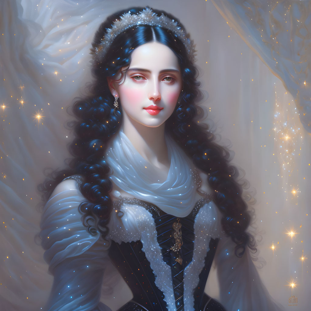 Regal woman in jeweled tiara and blue dress with long, wavy dark hair