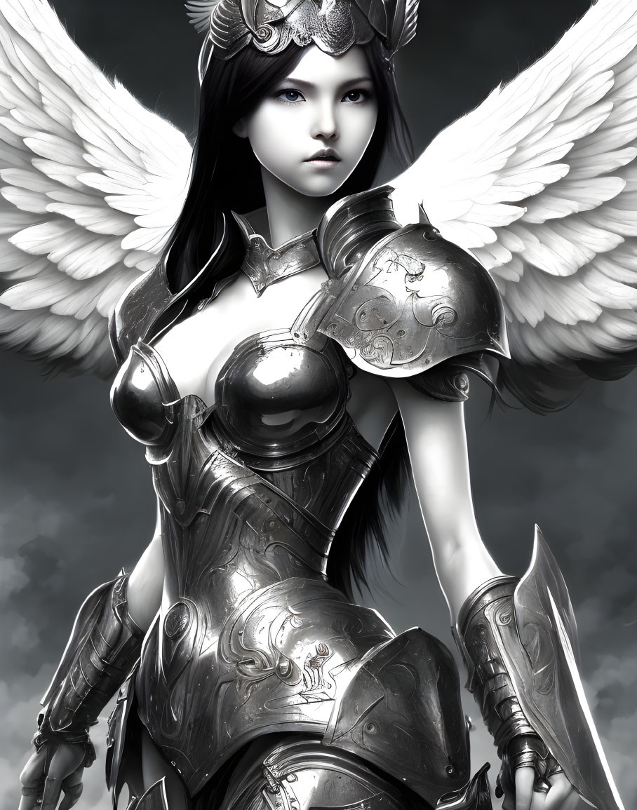 Monochrome female warrior with ornate armor and wings holding a sword