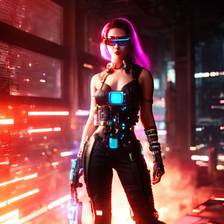 Cyberpunk themed artwork of a woman with cybernetic enhancements and glasses in neon-lit setting